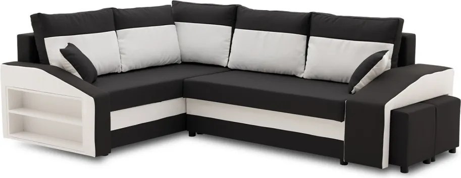 Grande sarokkanapé polcokkal és puffokkal , polc a bal karfaban puffok a jobb karfaban, baloldali, szövet anyag, bonell töltet, fekete - fehér