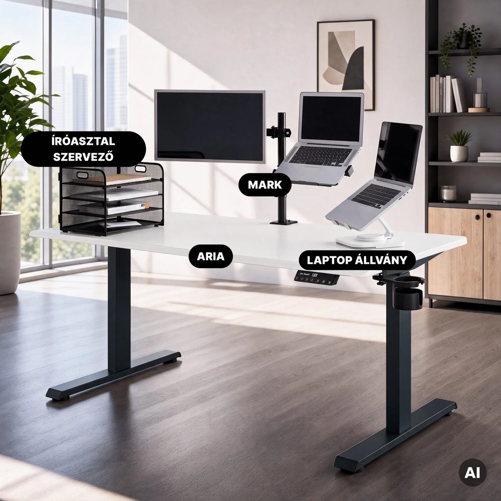 Elektromos íróasztal magasságállítással ergonomikus antracit-fehér, 1600x800 mm: ARIA