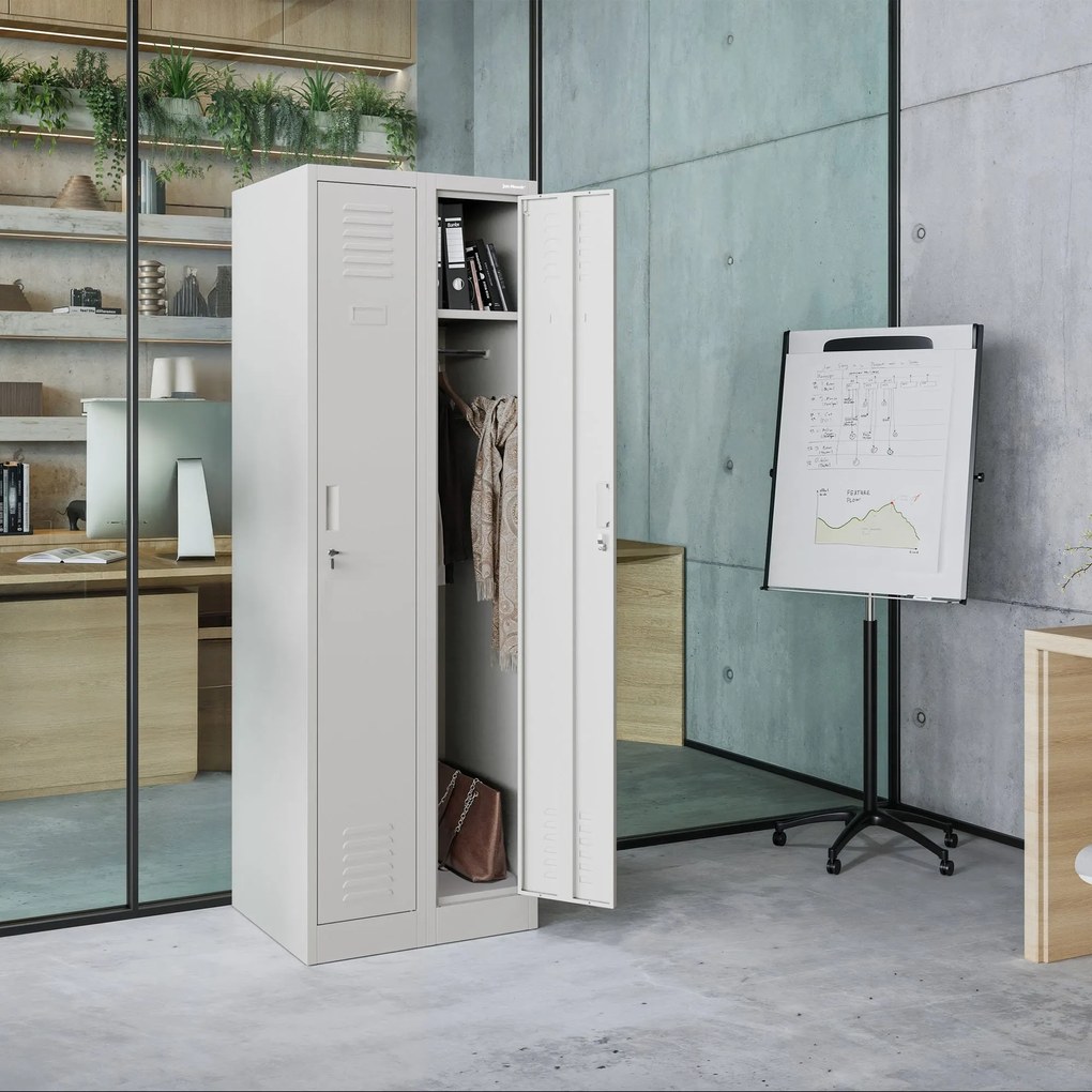 Pléh öltözőszekrény talpazaton, négymodulos, polcokkal KACPER II, 600 x 1800 x 500 mm, szürke