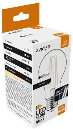 LED izzó, filament, E27, gömb, A60, 7W, 806lm, 4000K, AVIDE (AVLED004)