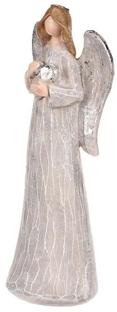 Dekoráció Angyal ezüst szárnyakkal és szívvel,lyresin után, szürke