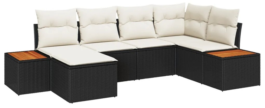 6 Részes Kert Kanapé Szett Párnákkal Fekete Poli Rattan Acacia