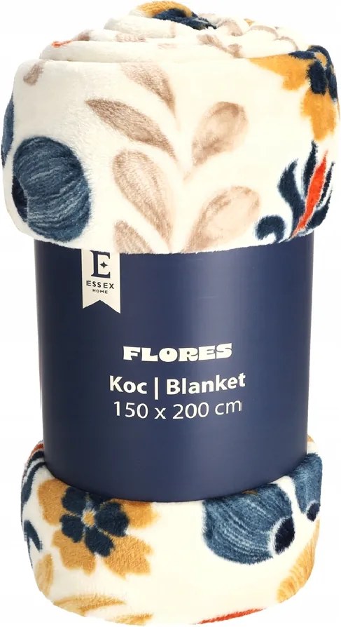 Puha krémszínű takaró 150x200 kék és narancssárga virágok motívummal