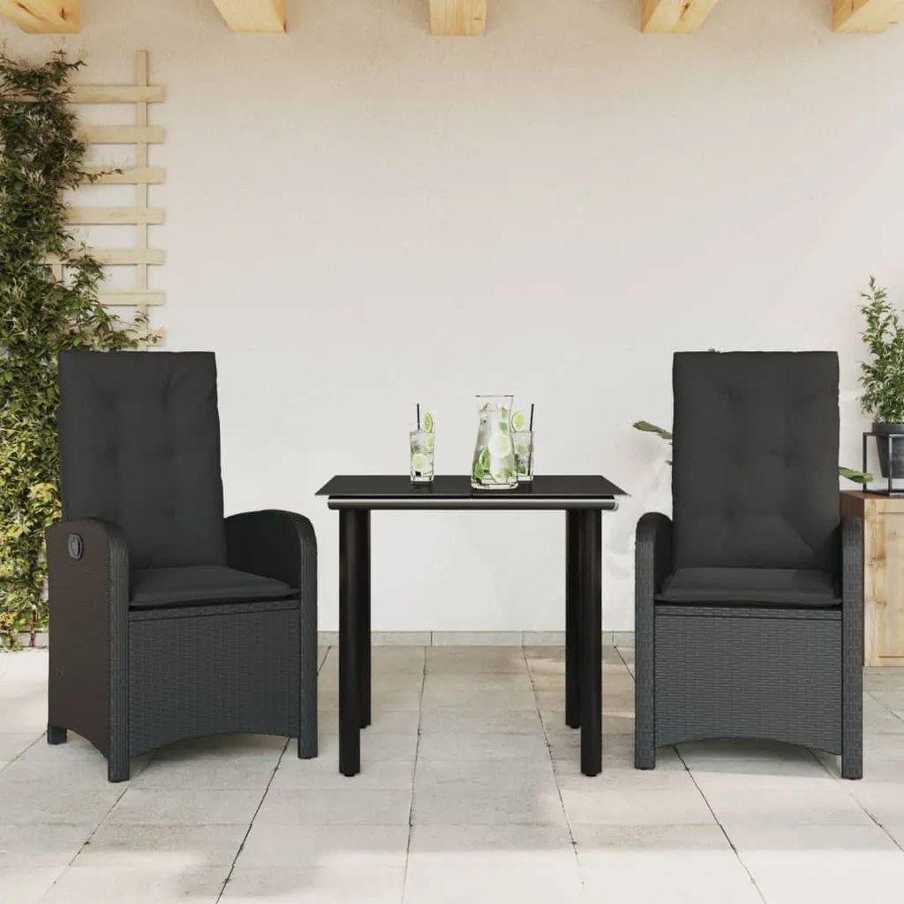 3 részes fekete polyrattan kerti étkezőgarnitúra párnákkal