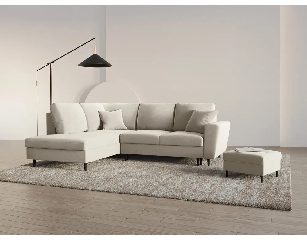 Bézs bársony kinyitható tárolóhelyes sarokkanapé (bal oldali-L alakú) Kyoto – Cosmopolitan Design