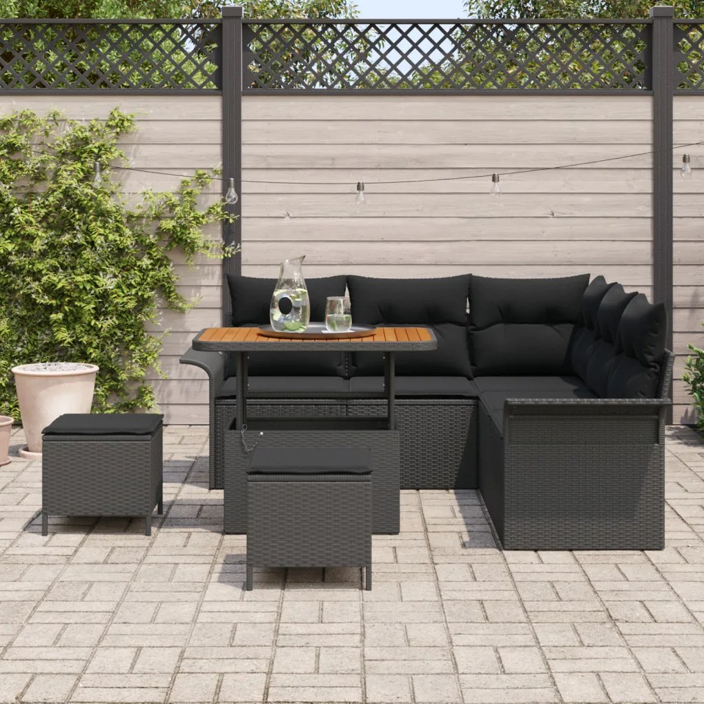 8 darabos kerti kanapé szett párnákkal fekete polyrattan akáccal
