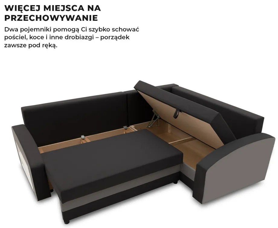 Grande sarokkanapé polcokkal , polc a bal karfaban, jobboldali, szövet anyag, hab töltet, fekete - szürke