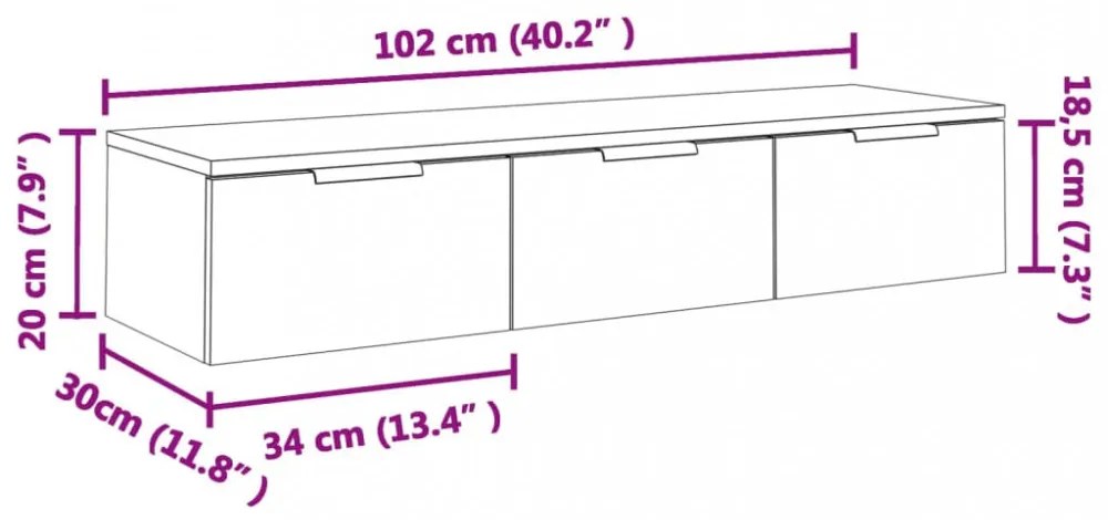 füstös tölgy színű szerelt fa faliszekrény 102 x 30 x 20 cm