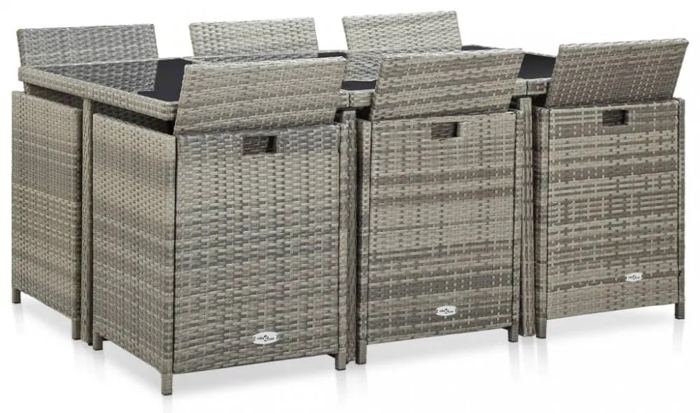 11 részes szürke polyrattan kültéri étkezőszett párnákkal