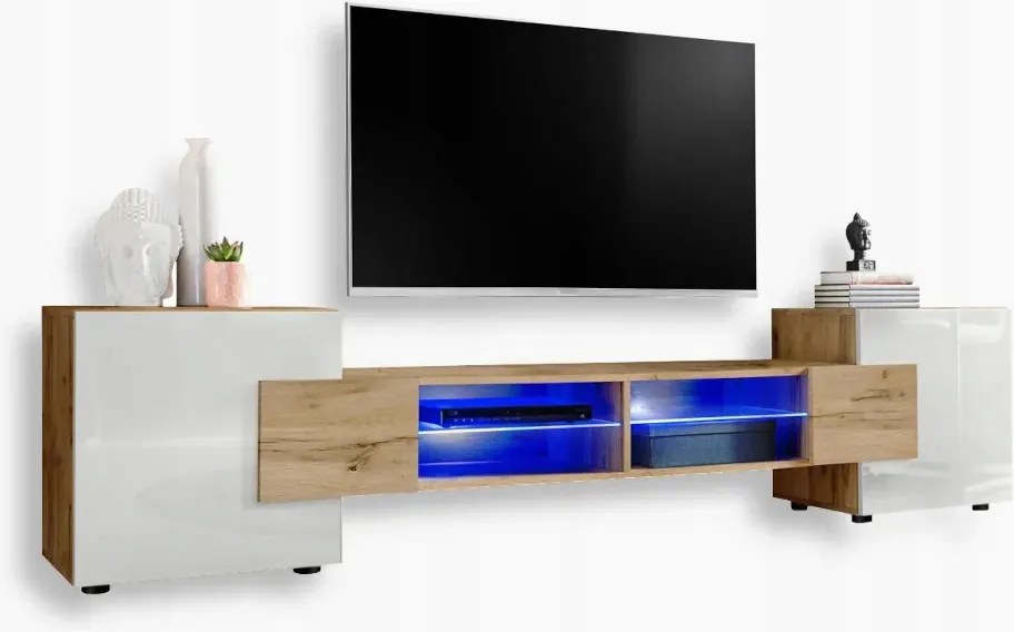 komodee Rtv szekrény Merano Front fényes üveg polcok Kék Led