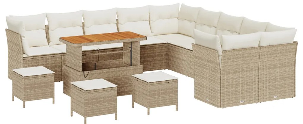 14 Darabos Kerti Kanapészett Párnákkal Bézs Polyrattan Akác, 4 Darabos Kerti Étkezős Szett Párnákkal Bézs Polyrattan Akác