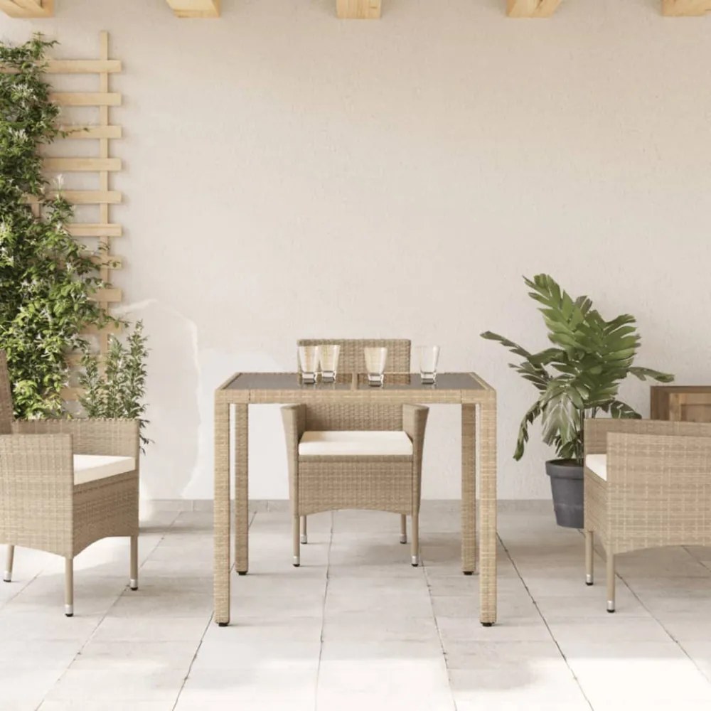 bézs polyrattan üveglapos kerti asztal 90 x 90 x 75 cm