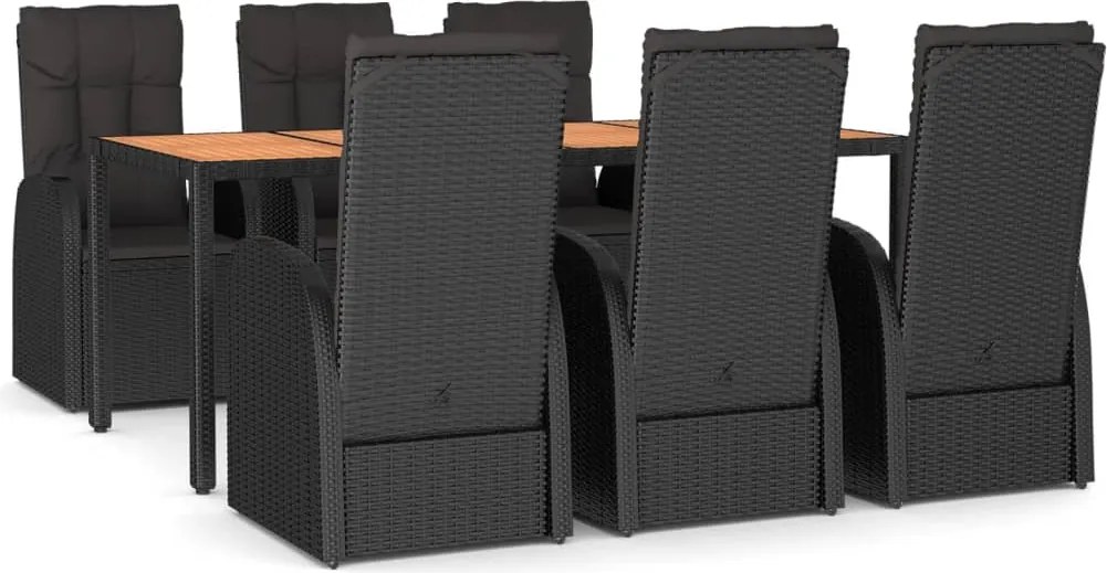 vidaXL 7 részes fekete polyrattan kerti étkezőgarnitúra párnával