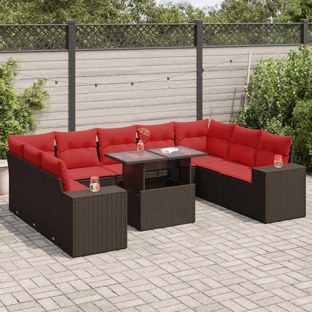 10 részes barna polyrattan akácfa kerti ülőgarnitúra párnákkal