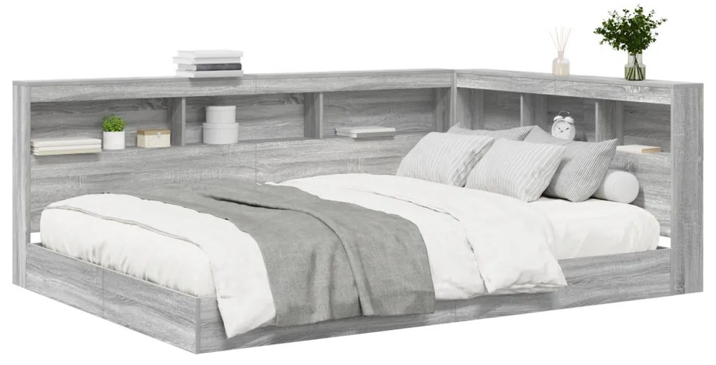 vidaXL Könyvespolcos Ágy tárolóval Szürke sonoma 140 x 200 cm Faanyag