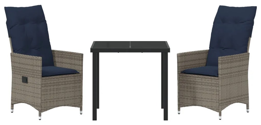 3 Részes Kerti Étkező Szett Párnákkal Szürke Poli Rattan, Kerti Asztal Fekete 80x80x73 cm Edzett Üveggel