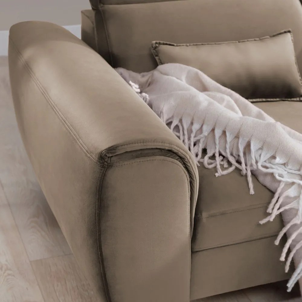 Világosbarna bársony kinyitható-tárolóhelyes sarokkanapé (jobb oldali-heverő résszel) Foble – ELTAP