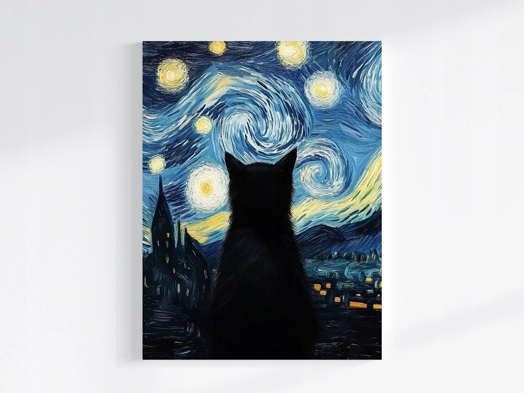 Vászonkép Canvas Van Gogh Stílus Csillagos Éjszaka Fekete Macska 60x80