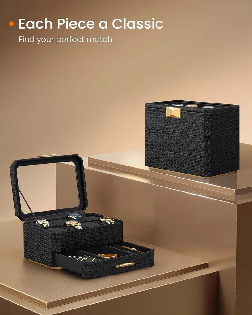 8 rekeszes óratartó doboz, tintafekete