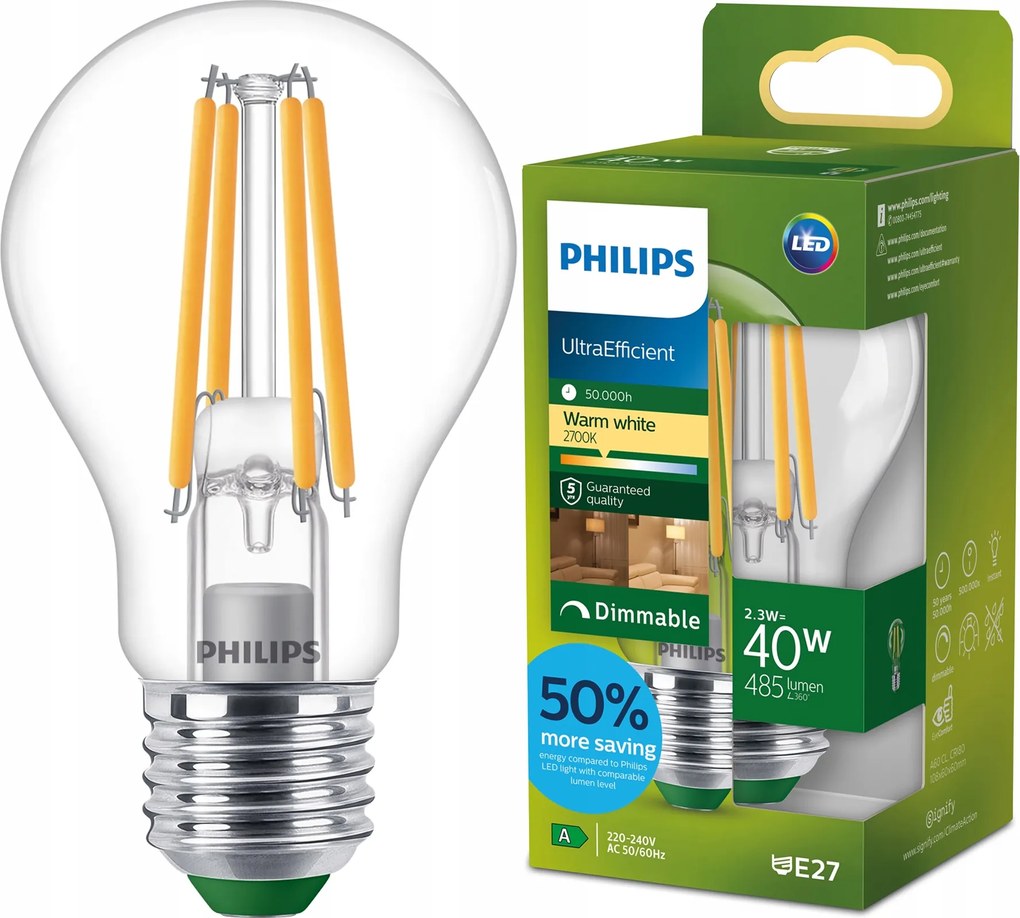 Led izzó E27 A60 2.3W 40W 212lm/W 2700K A-osztály Tompítható Philips