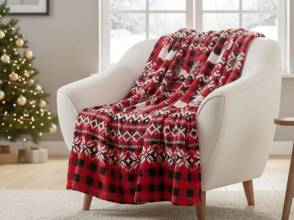 Karácsonyi mikroplüss sherpa pléd NORDIC DEERS, piros Méret: 200 x 220 cm