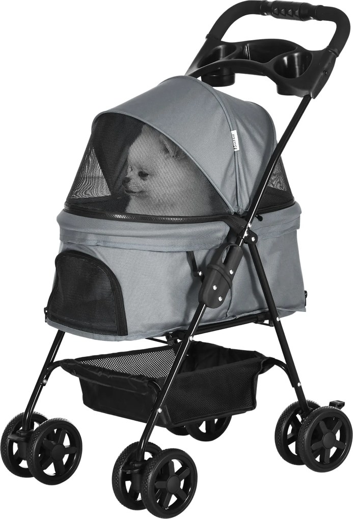 PawHut Kisállat Babakocsi Összecsukható Funkcióval Kiscicák és Kutyák Részére Oxford Szürke 67 x 45 x 96 cm | Aosom