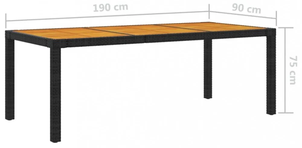 fekete polyrattan és akácfa kerti asztal 190 x 90 x 75 cm