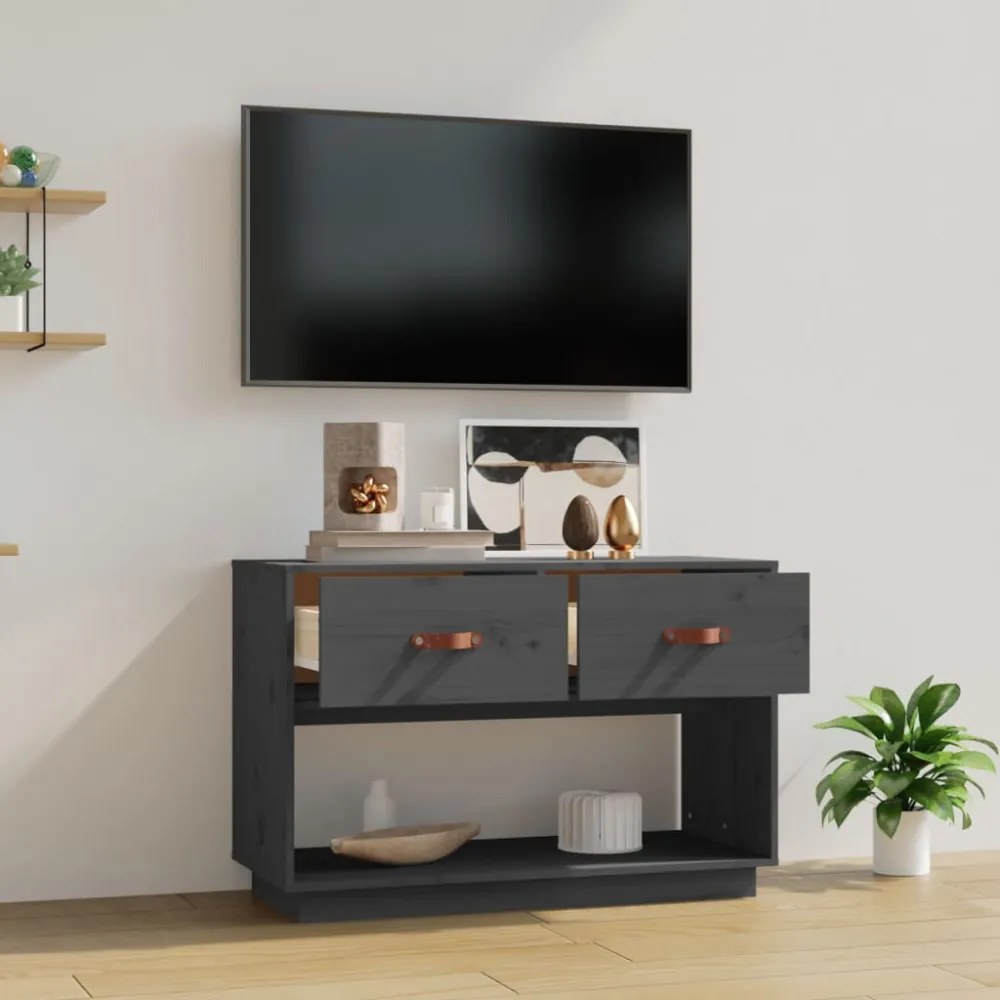szürke tömör fenyőfa TV-szekrény 90 x 40 x 60 cm