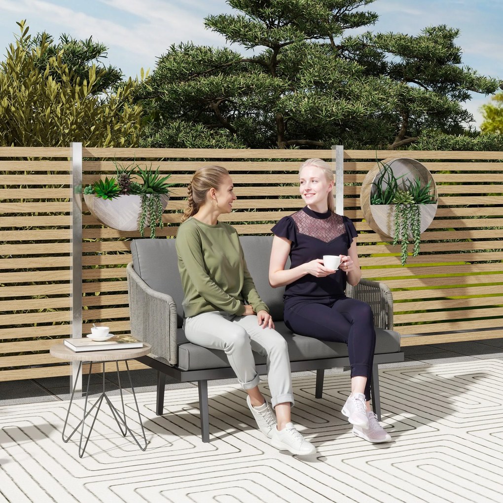 Outsunny 2-Fős Rattan Kerti Kanapé Párnákkal, Karfás Kültéri Kanapé, Acél Váz, Sötétszürke | Aosom