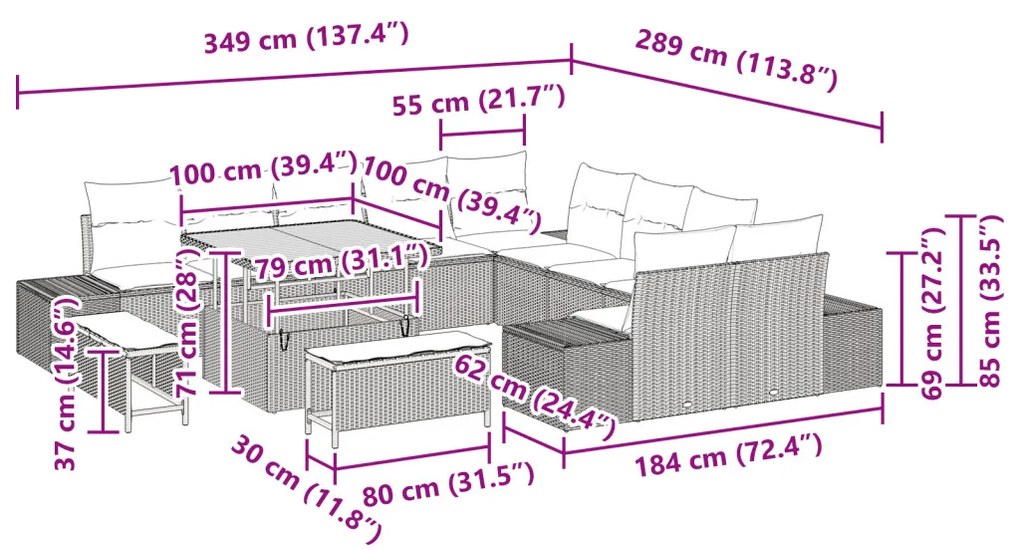 13 részes kertiszófagarnitúra párnákkal Bézs Poli Rattan Akácia