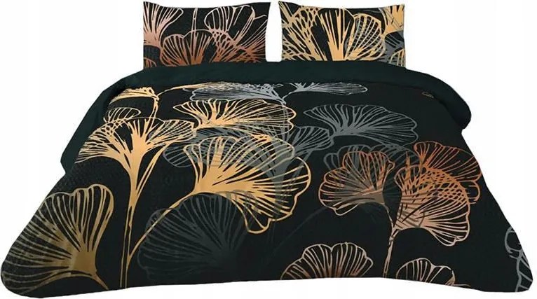Szatén ágyneműhuzat 220x200 ginkgo levél fekete arany Prestige