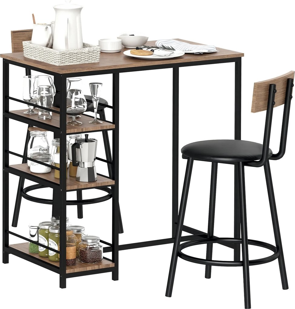 HOMCOM Bárasztal Bárszékkel, 2 Személyes Bárasztal Szett 2 Párnázott Bárszékkel, Hátpárral, Konyhai Asztal 3 Polccal, Modern Stílusú, Reggeli Pult Étk