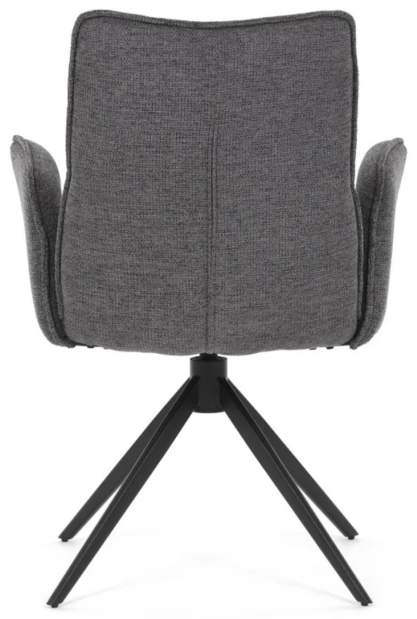 Scaun de dining rotativ, tapițat cu material textil gri, mecanism rotativ 360°, picioare metalice negre