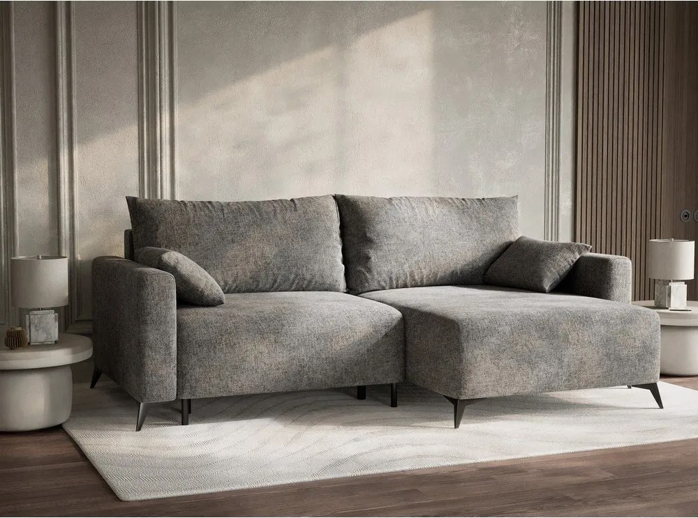 Szürke zsenília kinyitható-tárolóhelyes sarokkanapé (jobb oldali-heverő résszel) Leon – Maison de Rêve