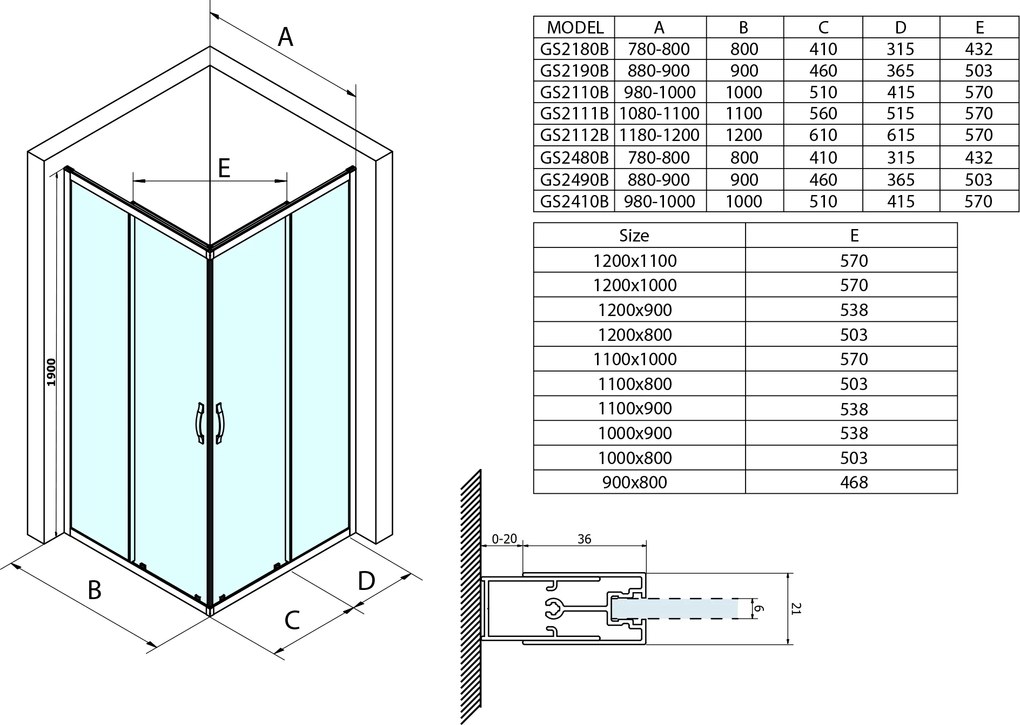 Gelco Gelco, SIGMA SIMPLY BLACK négyszögletes zuhanyparaván 1000x900 mm, L/P változat, sarokbejárat, Tégla üveg, GS2410B-03