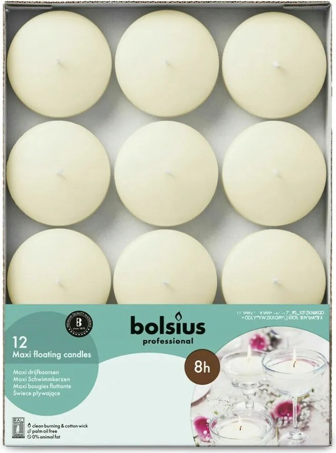 Lebegő vízgyertya krémszínű Bolsius 12db 8h