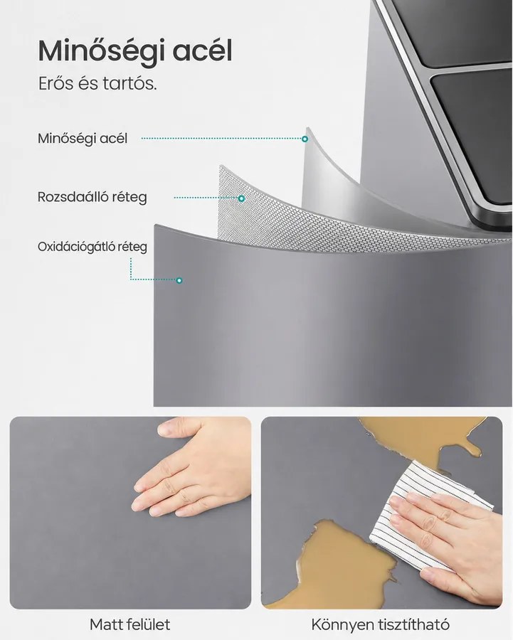 2 rekeszes pedálos recycling szemetes lágy záródással, szürke fém