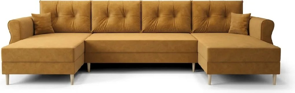 Kihúzható U alakú ülőgarnitúra SILVIANO 300x140 cm, mustárszínű + 2 díszpárna INGYEN