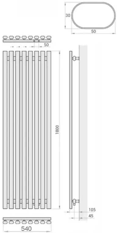 Regnis Lazur LA, fűtőelem 540x1800mm központi csatlakozással 50mm, 1164W, fekete matt, LAZURLA/1800/540/D5/BLACK
