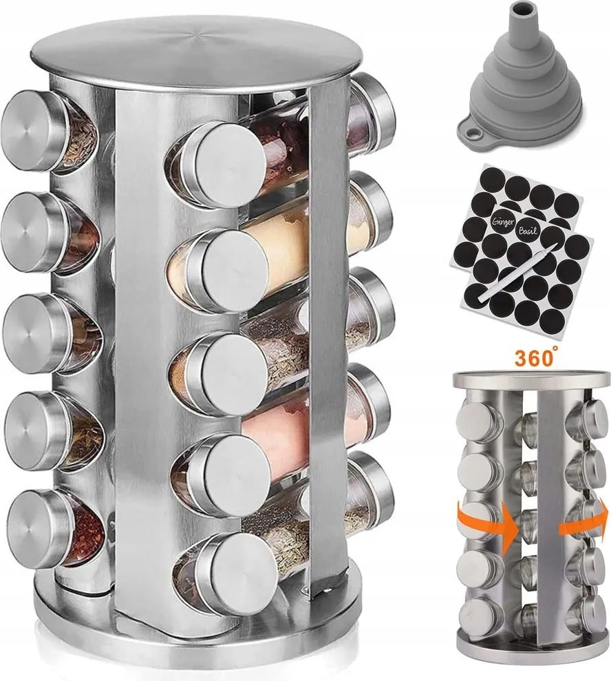 Fűszertartó Állvány 360° 20 Üveg Tégely Rozsdamentes Acél
