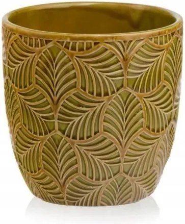 Mustár kerámia takaró levél motívummal 13 cm virágokhoz 1 db