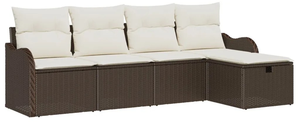 5 darabos kerti sofa garnitúra párnákkal, barna poli rattan, 2 fős kerti sofa tárolóval és párnákkal, barna poli rattan