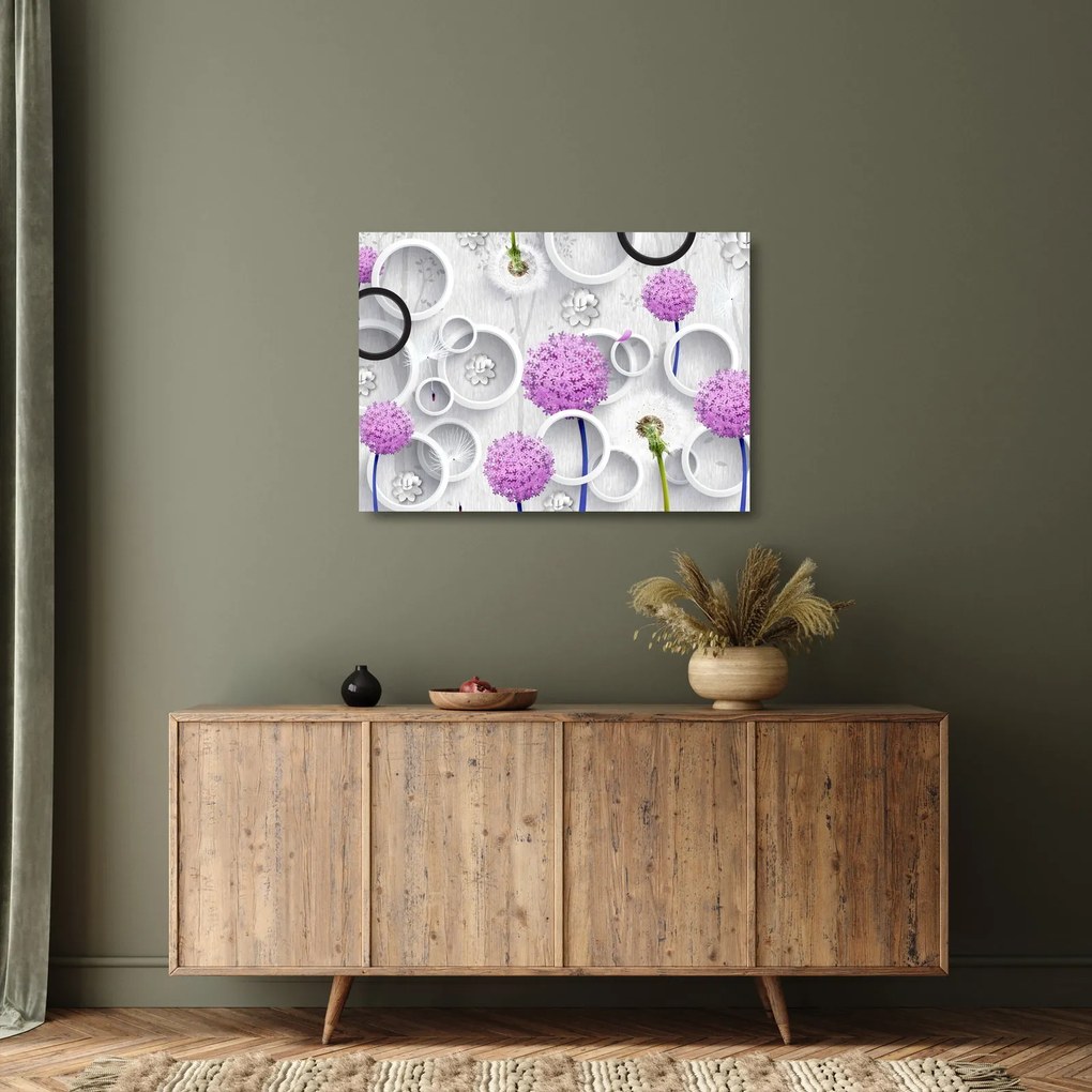 Kép a 3D absztrakció körökkel és virágokkal (üvegen) (70x50 cm)