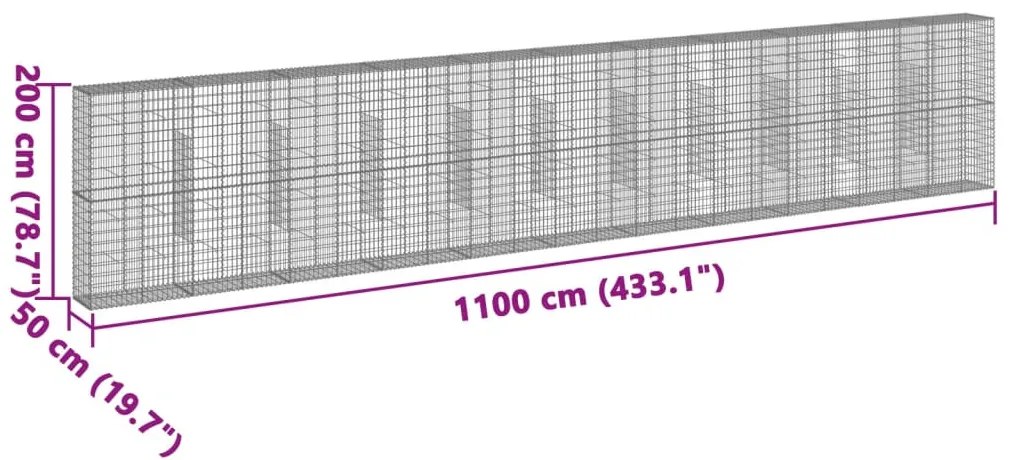 horganyzott vas gabion kosár fedéllel 1100 x 50 x 200 cm