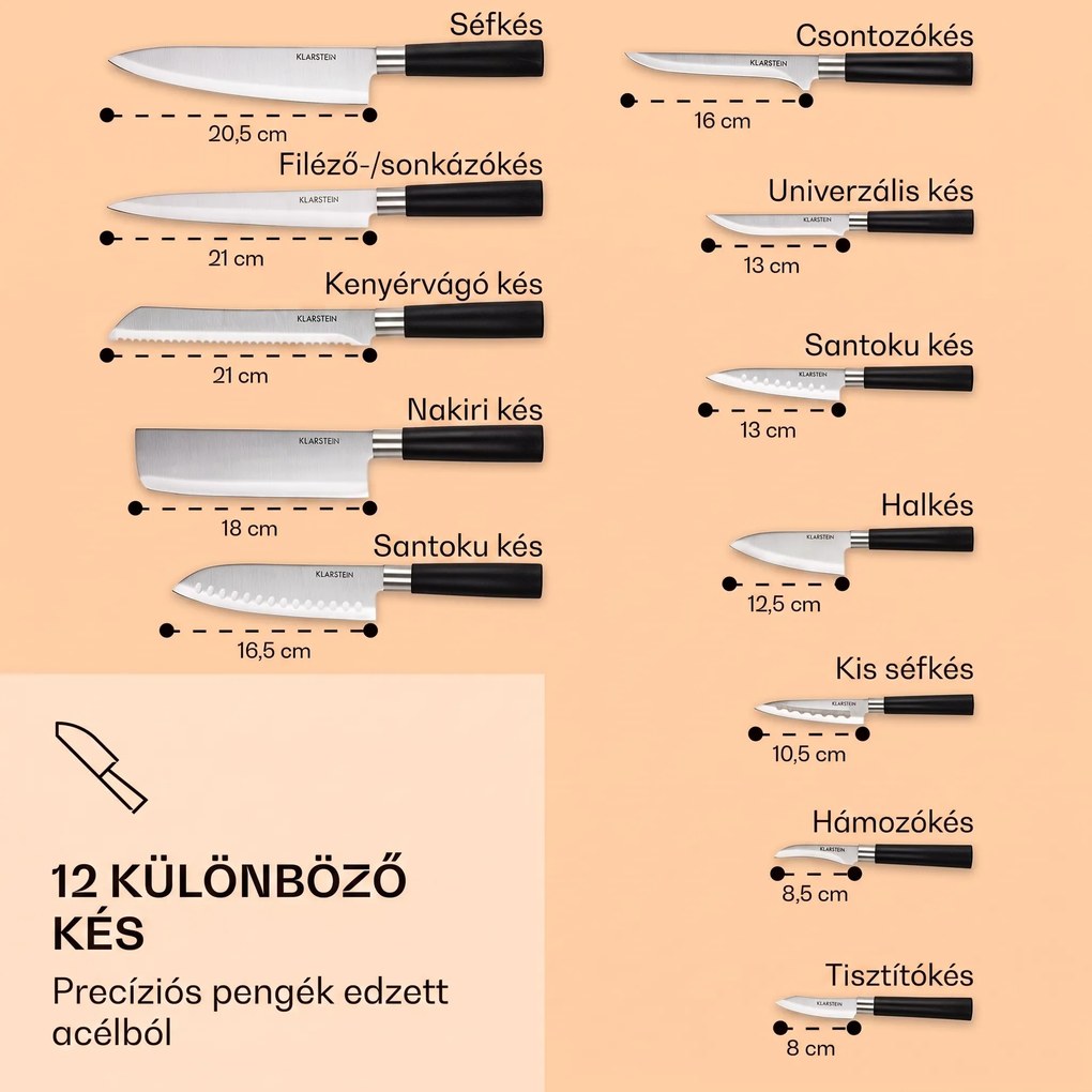 Klarstein Kitano XL, késkészlet tömbbel, 13 darabos, 12 kés, acél, luxus fa blokk