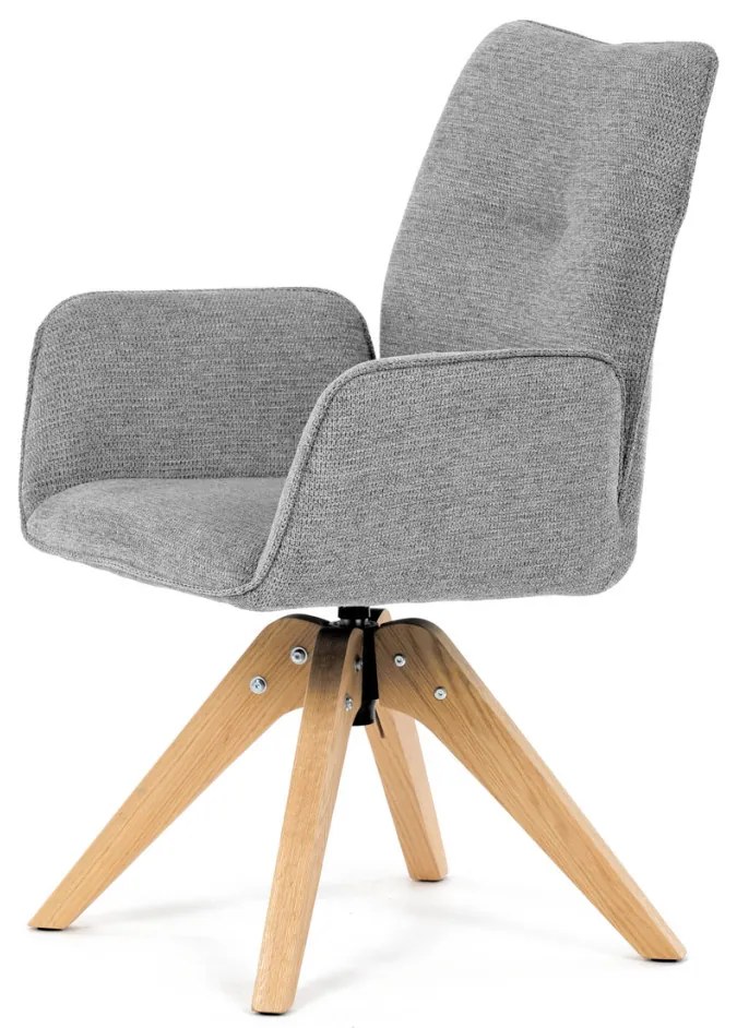 Scaun de sufragerie cu cotiere, din material hidrofug gri deschis, cu picioare de stejar, rotativ 360°