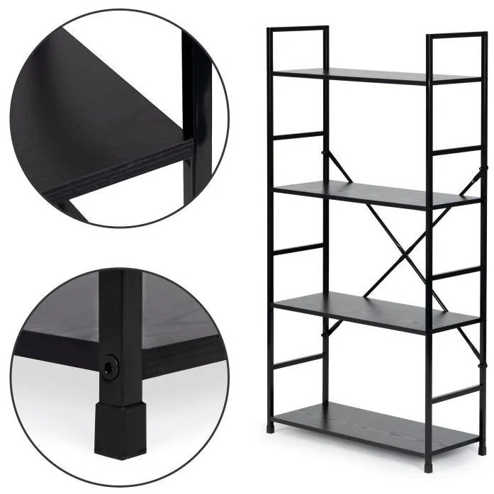Fekete 4 szintes nyitott könyvespolc, tároló állvány fém lábakkal - 59x112cm Intenso