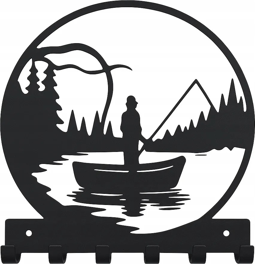 kulcstartó, csónakos horgász, halász, fali akasztó, fekete loft