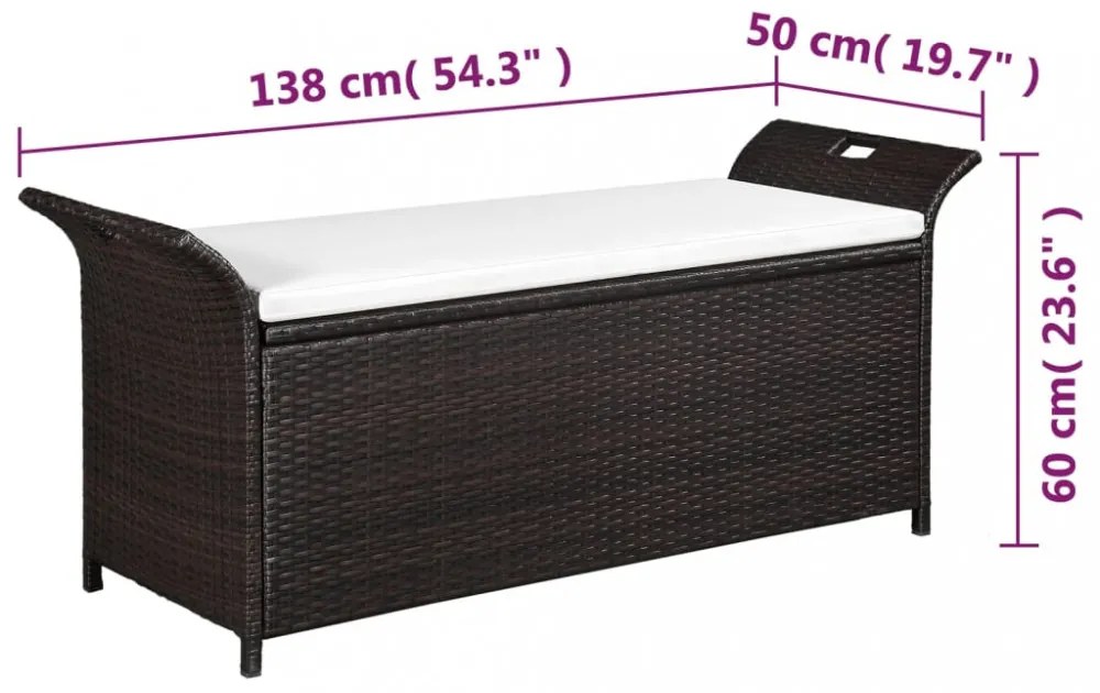 barna polyrattan tárolópad párnával 138 cm