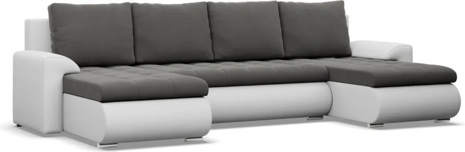Tokio U alakú sarokkanapé, 3 ágyneműtartóval, bársony + műbőr, univerzális oldal, szürke - fehér
